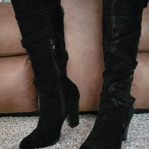 Woman's Size US 8 UK 7 ALEEMA Black Suede Tall Heeled Knee-high Wide Calf Boots